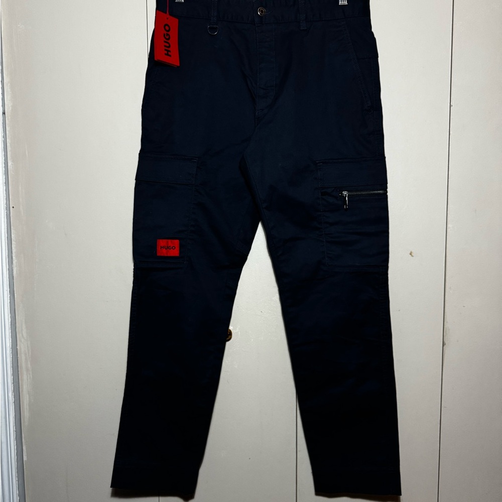 HUGO Black Cargo Pants with Red Logo Tabs